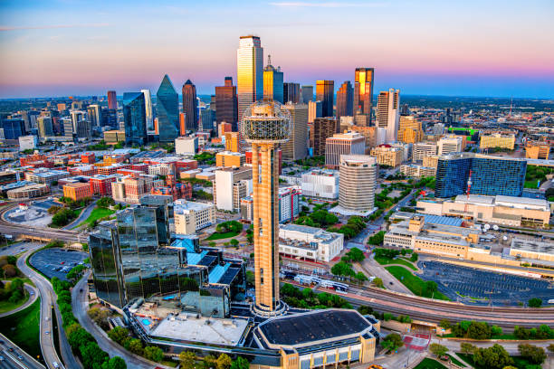 Beautiful downtown Dallas, Texas shot via helicopter from an altitude of about 800 feet at dusk on an early spring evening.