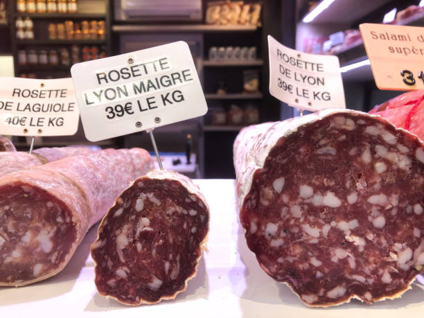 France: Rosette Lyon Sausages at Farmer's Market Close-Up