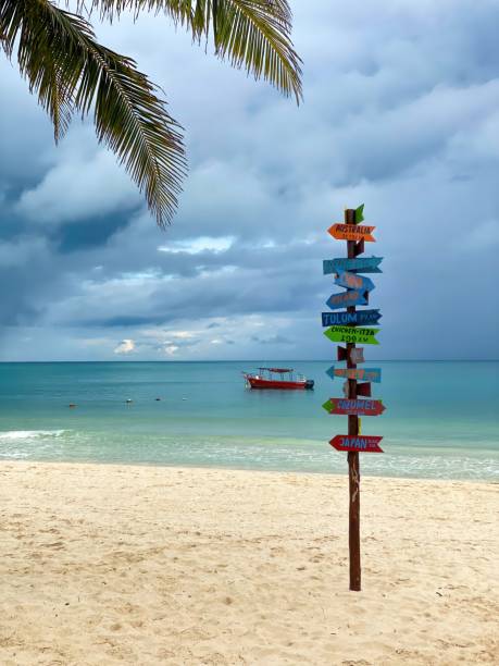 istock Directional sign on the beach 2164698188