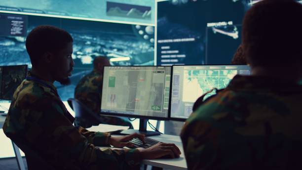 istock Soldier implements and processes tactical data with reconnaissance radar system 2164703070