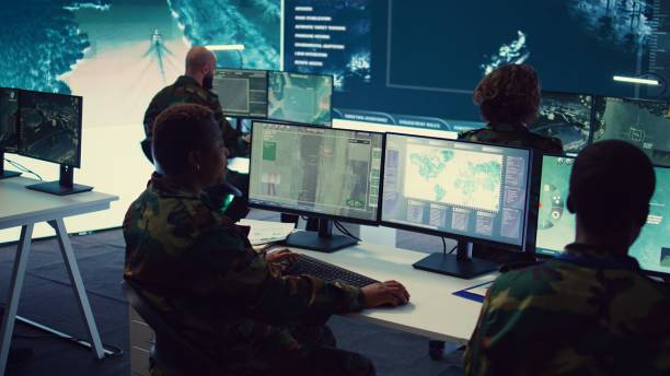 istock Army officer establishing new operating bases through a world map satellite 2164704196