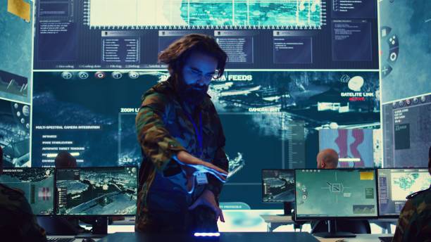 istock Infantry unit leader studies satellite imagery on a holographic image 2164705442