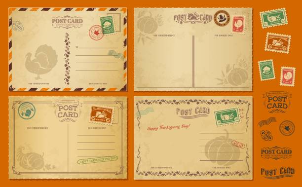 Thanksgiving day vintage antique postcards with postage stamps, vector for retro mail envelopes. Thanksgiving holiday greeting cards with pumpkins, turkey and cornucopia harvest on vintage postcards