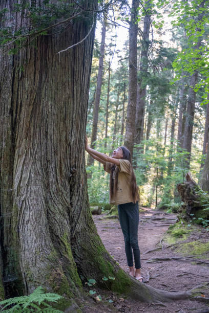 istock Young girl touches old growth tree 2164713536