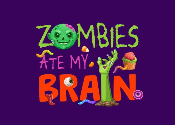 Halloween quote, zombies eat my brain, typography Halloween quote, zombies eat my brain, horror holiday vector typography. Cartoon zombie character, undead monster hand and trick or treat sweets, funny letters font, brain cupcake and candies brain eater stock illustrations
