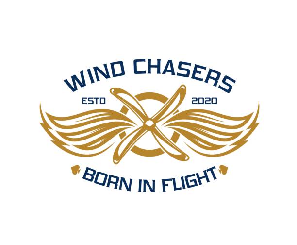 Airline and aircraft aviation icon for wind chasers. Vector label with golden propeller and wings, symbolizing flight, classic bold typography conveying tradition and sense of piloting adventure