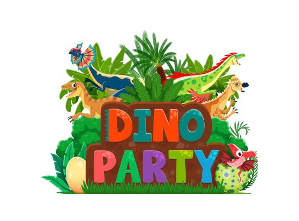 Birthday dino party cover with cartoon dinosaurs Birthday dino party invite cover. Vector vibrant and playful invitation for a dino-themed party with cartoon dinosaurs and hatching baby reptile at lush greenery landscape with colorful fun typography dinosaur birthday stock illustrations