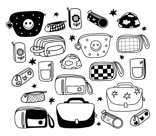 Schoolbag, pencil cases, cosmetic bag and school supplies doodles. Vector illustration. Isolated outline hand drawings for design and decoration Schoolbag, pencil cases, cosmetic bag and school supplies doodles. Vector illustration. Isolated outline hand drawings for design and decoration. cosmetic bag clip art stock illustrations