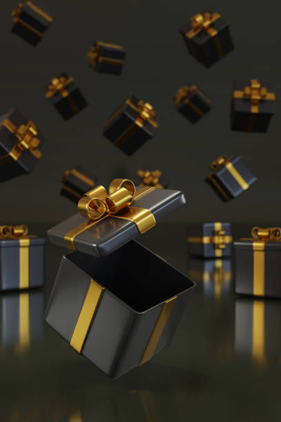 istock Open gift box with golden bow on a black background. 3d illustration. 2164718281