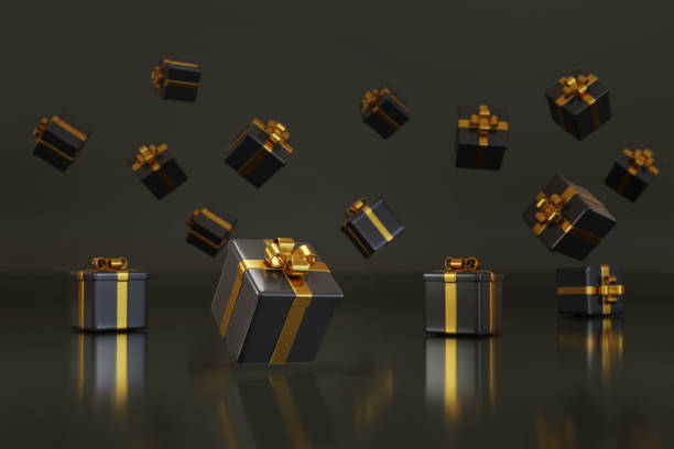 istock Many black gift boxes with golden bows. 3d illustration. 2164718322