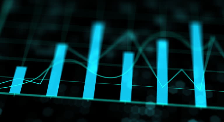 Stock market, blue and growth of finance with bar graph for supply chain, commodity price increase or decrease. Chart information, digital and stats of economic inflation, cost and value or rates.