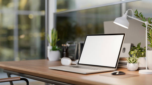 istock A laptop computer, a table lamp, and decorative plants on a wooden table in a modern office. 2164723968