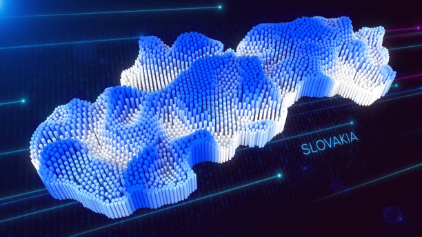 istock Digital 3D Perspective Dynamic Rippling Map of Slovakia in Blue and White, Set Against Dark Futuristic Background 2164725478
