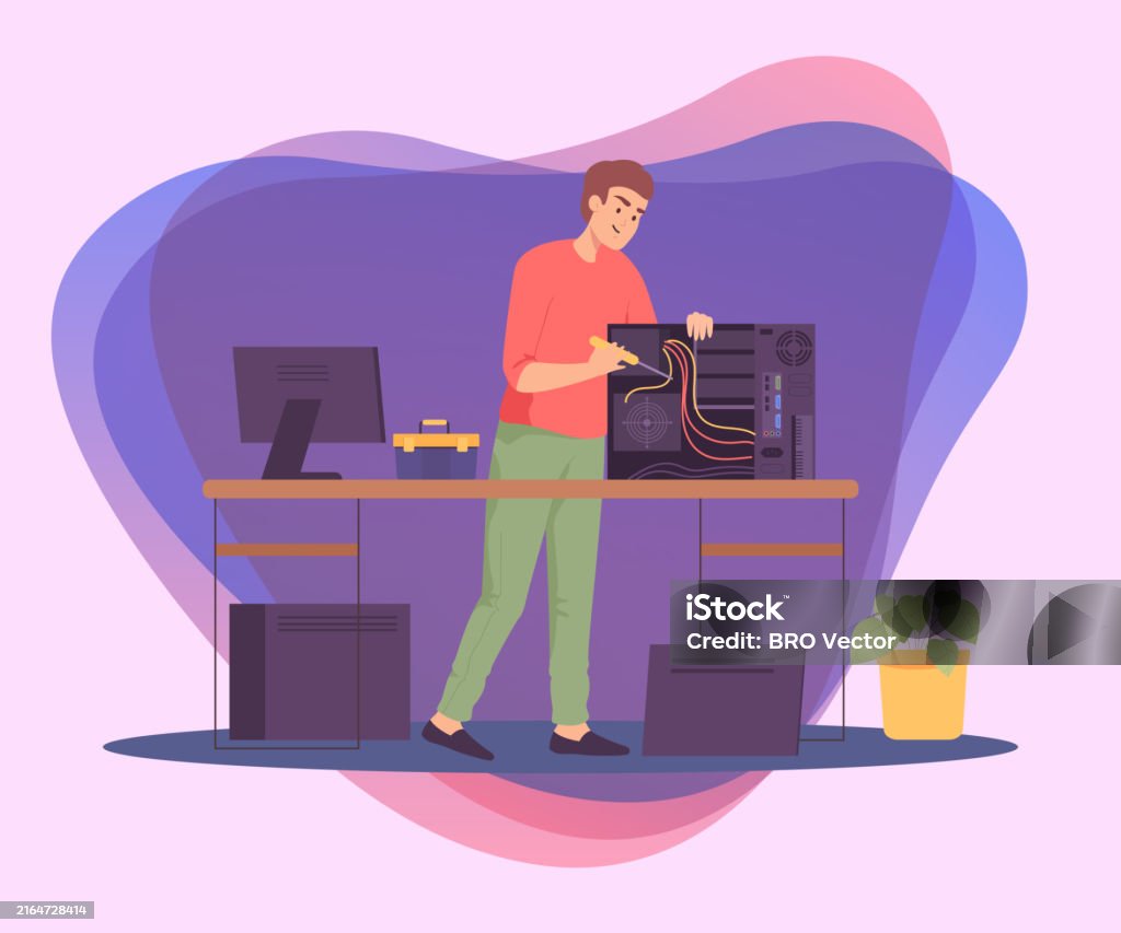Cartoon Engineer Repairing Computer System Unit Stock Illustration ...