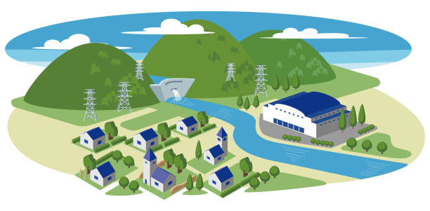 ilustraciones, imágenes clip art, dibujos animados e iconos de stock de escenografía hidroeléctrica - estación hidroeléctrica