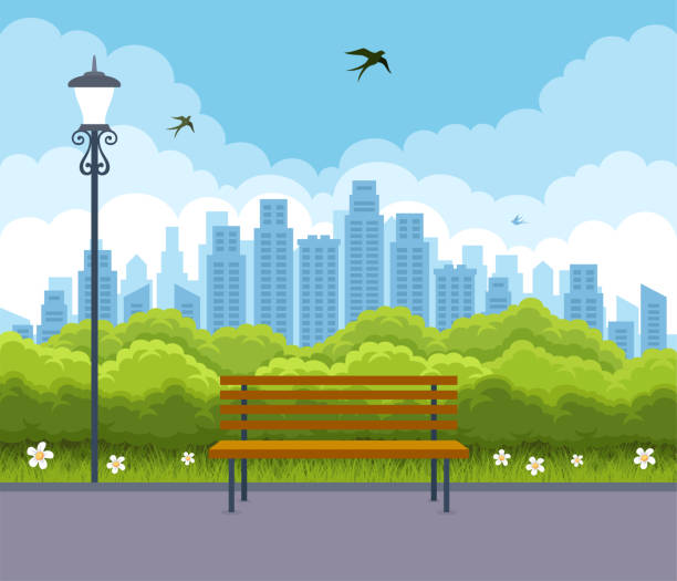 a summer city park featuring green trees, a bench, a walkway, and lanterns. - parkbank stock-grafiken, -clipart, -cartoons und -symbole