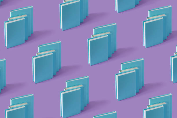 Pattern of blue books on a pastel purple background with soft shadow, copy space. Study, education and Book Lovers Day concept