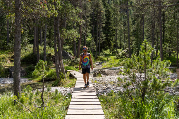 istock Man Hiking on Wooden Bridge in Forest 2164734529