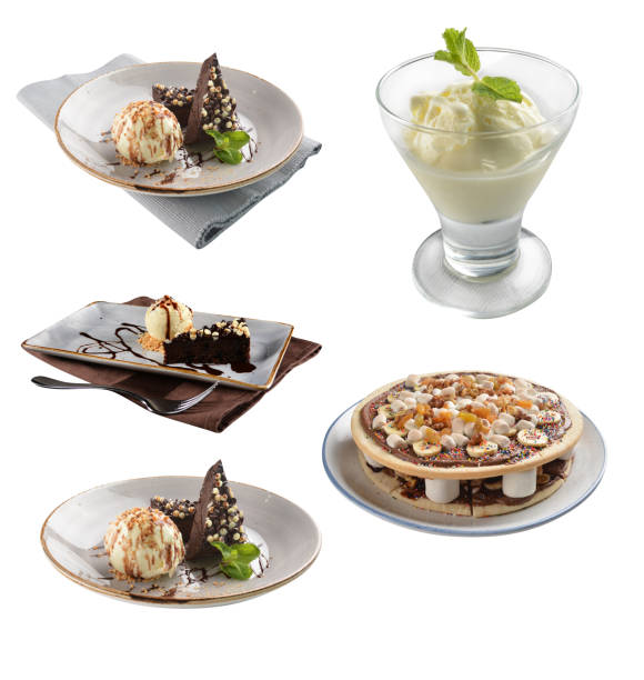 ice cold cute yellow mango pomelo fruit pudding jelly on plate with vanilla ice cream chocolate brownie cake fruit decor sweet western dessert cafe halal restaurant kids menu set