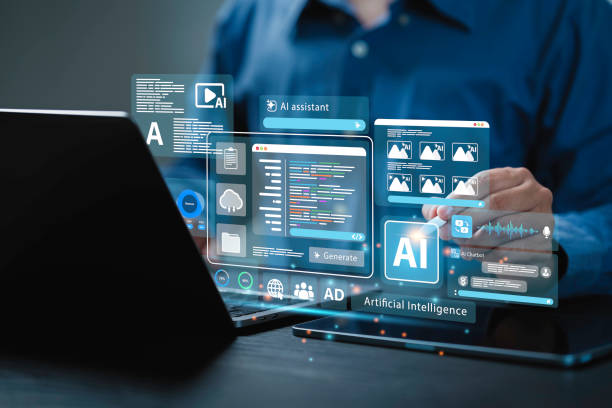 istock Ai generate concept. Artificial Intelligence Content Generator tool. Man uses a laptop with AI assistant to graphic design, translate language, chat bot, generate images, write code, and advertising. 2164740485