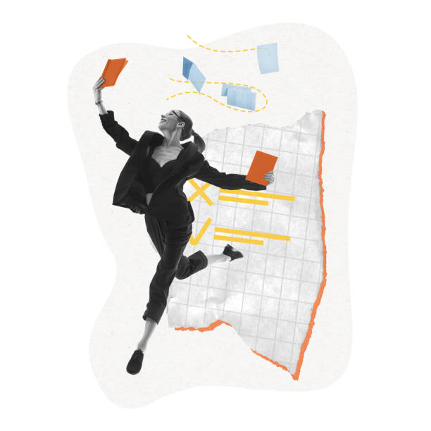 Business woman jumping with notebooks, symbolizing swift logistics. Flying documents and charts highlight efficient planning and strategic execution. Contemporary art collage.