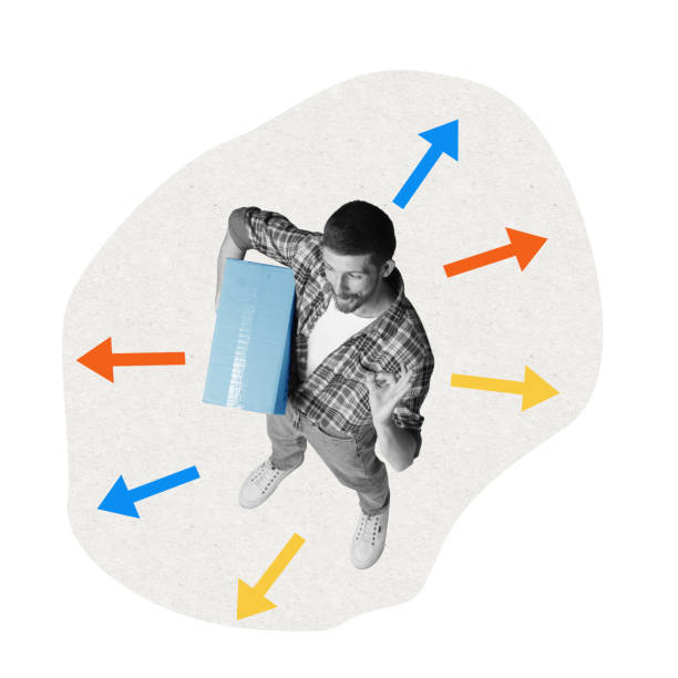 istock Man with box showing on symbols around multicolored arrows. Successful management, effective communication and loyalty. Contemporary art collage. 2164742149
