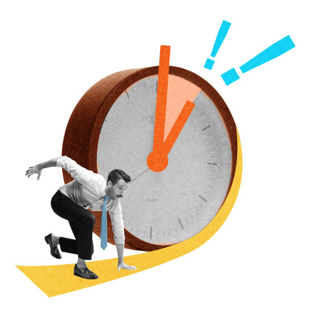 istock Businessman standing on starting position next to giant clock. Prioritization, strategic planning, deadlines. Contemporary art collage. 2164742152