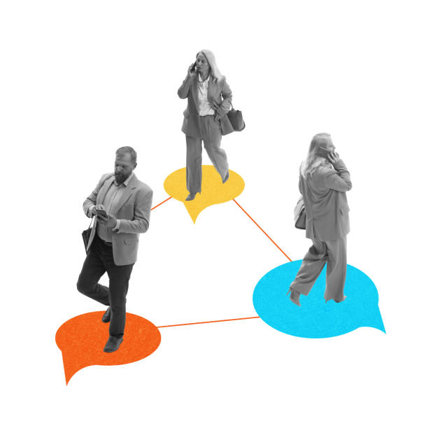 istock Businesspeople standing in colorful speech bubbles, connected with lines and communicating through gadgets. Contemporary art collage. Collaborative dialogue 2164742155