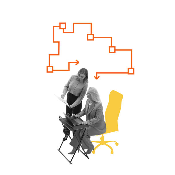 istock Two businesswomen collaborating, working with laptop and document. Flowchart symbolizes strategic planning and effective teamwork. Contemporary art collage. 2164742161