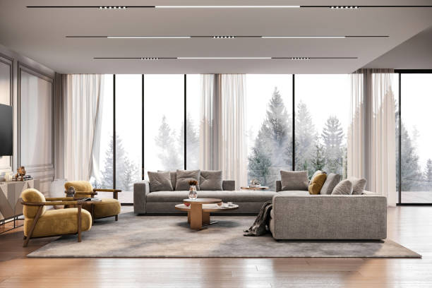 Modern cabin living room interior. Large panoramic windows, velvet sofa, velvet armchairs, coffee table. White moulding wall, white ceiling,  parquet and carpet. Copy space template. Render.