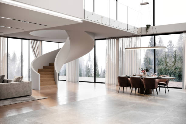 istock Modern cabin dining room with circular staircase interior 2164743240