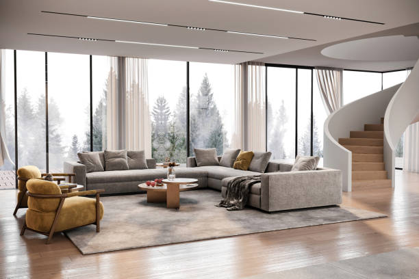 Living room with velvet sofa, yellow armchairs, coffee table. Circular staircase in two story villa. White ceiling, lerge gray carpet, parquet and large panoramic windows with a view into the woods. Render.