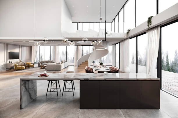 istock Marble kitchen island in modern open space villa 2164743305