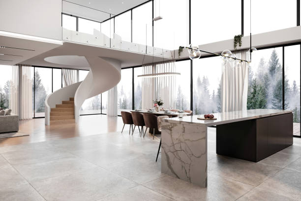 Marble kitchen island in modern open space villa