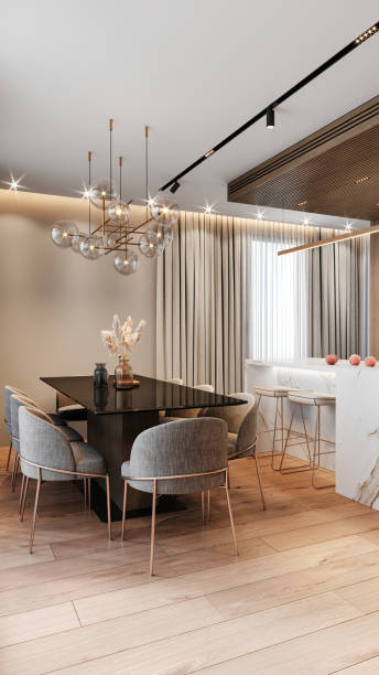 istock Modern apartment dining table and kitchen island interior 2164743435