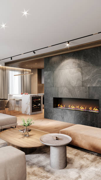 istock Modern apartament fireplace in living rooom interior 2164743440