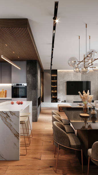 Modern apartment kitchen and living room interior
