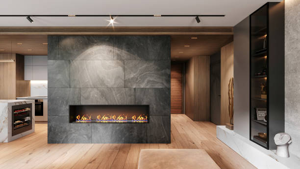 istock Modern apartment large fireplace on the stone wall interior 2164743443
