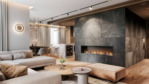 istock Modern apartament fireplace in living rooom interior 2164743444