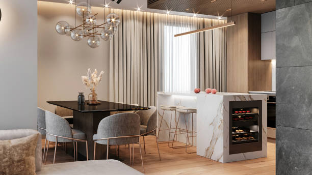 istock Modern apartment dining table and kitchen island interior 2164743445