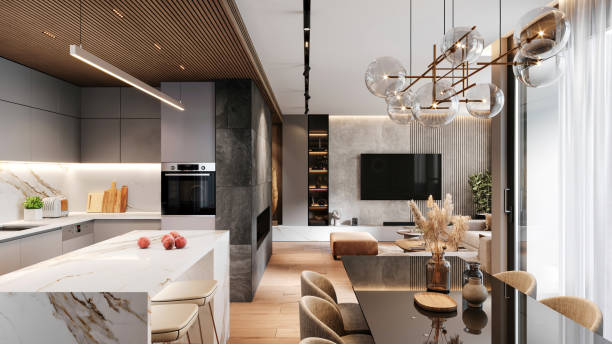 istock Modern apartment kitchen and living room interior 2164743448