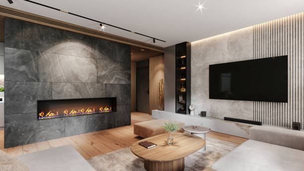 istock Modern apartament fireplace in living rooom interior 2164743465