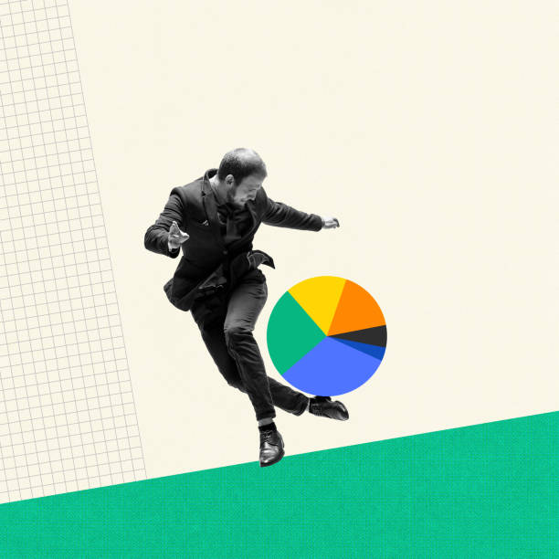 istock Businessman dribbling multicolored pie chart, symbolizing strategic thinking, balancing business tasks and scoring goals. Contemporary art collage. 2164745149