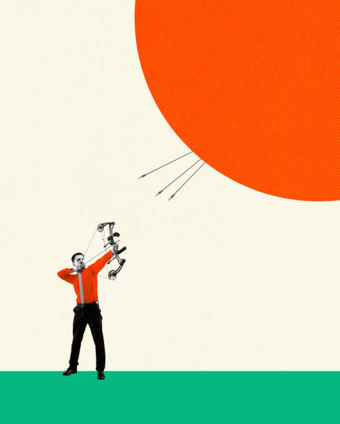 istock Businessman using archery in direction of abstract target. Precision and focus and achieving goals, strategic aiming, skills. Contemporary art collage. 2164745159