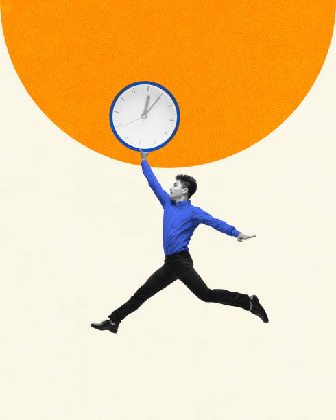 istock Businessman running with clock, symbolizing time management for efficient work, deadlines, productivity. Contemporary art collage. 2164745178