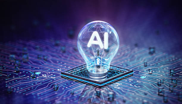 inteligencia artificial idea. concepto de idea de bombilla de luz ai - ia fotografías e imágenes de stock