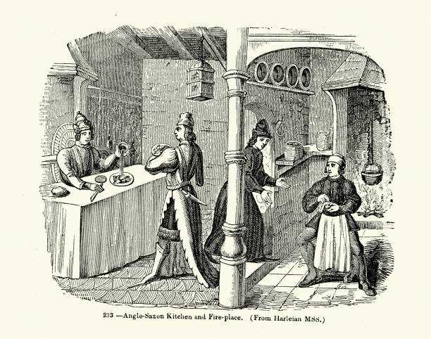 istock Anglo Saxon Kitchen and Fire-place, Cook, cooking, preparing food for a lord, Vintage illustration 2164748859