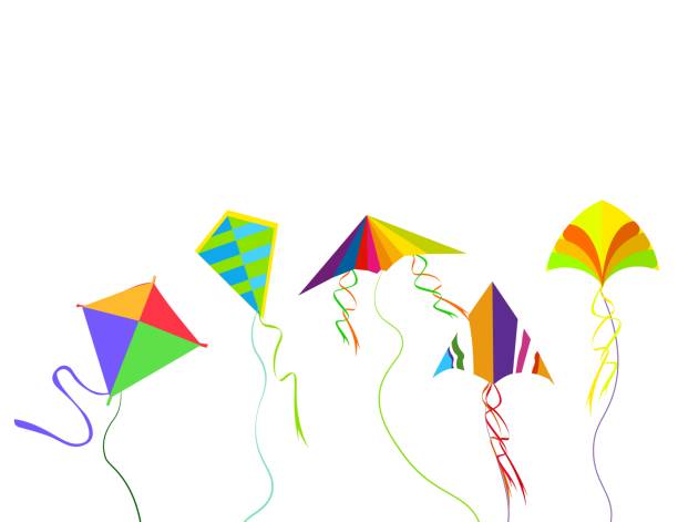 istock Colored flying kites, banner poster with kids toys in sky. 2164750752