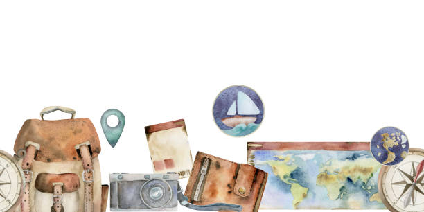 istock Vintage retro luggage, wallet backpack tickets compass, old camera, map. Watercolor hand drawn art. Isolated seamless banner. Design for tourism, travel brochure, wedding guide, print, card, tattoo. 2164756058