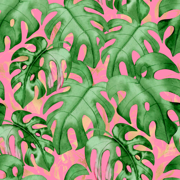 istock Watercolor seamless pattern with tropical leaves, monstera leaves and palm 2164756159